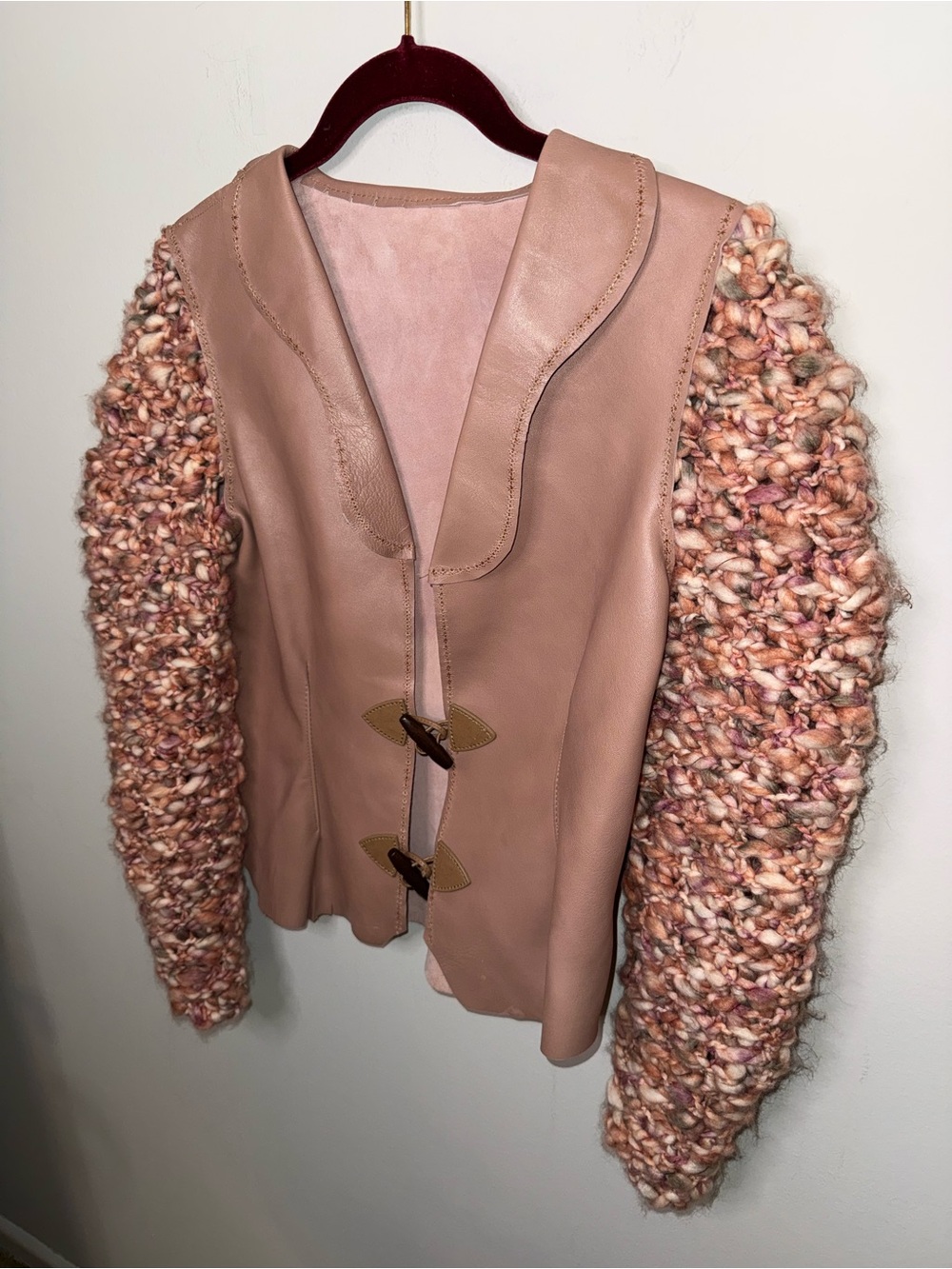 Wearable Art Womens Jacket Mixed Media Lambskin Leather and Art Yarn Sleeves
